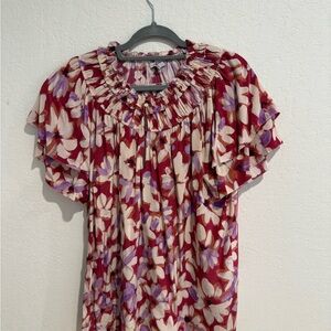Rails Burgundy and Cream Floral Ruffle-Neck Blouse with Lavender Accents